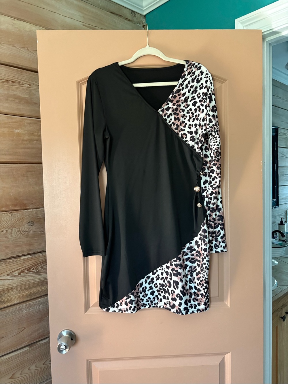 SHEIN Black and Leopard-Print Wrap Detail Long Sleeve Dress